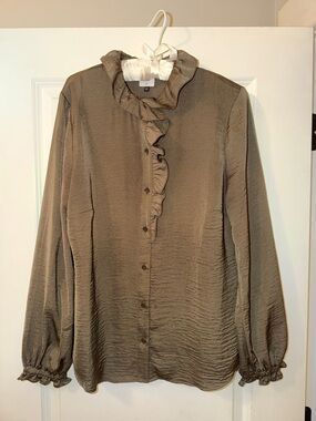 CAbi Icon Olive Brown Boho Romantic Ruffle-Front Button Up Blouse, medium